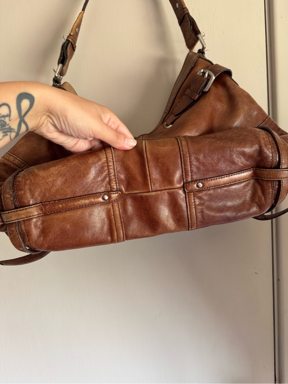 DKNY Cognac Brown Leather Shoulder Bag with Buckle Accents - Picture 4 of 6
